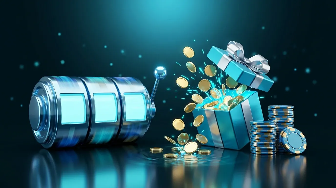 Winna free spins scene: a chrome slot reel and a gift box bursting with gold coins