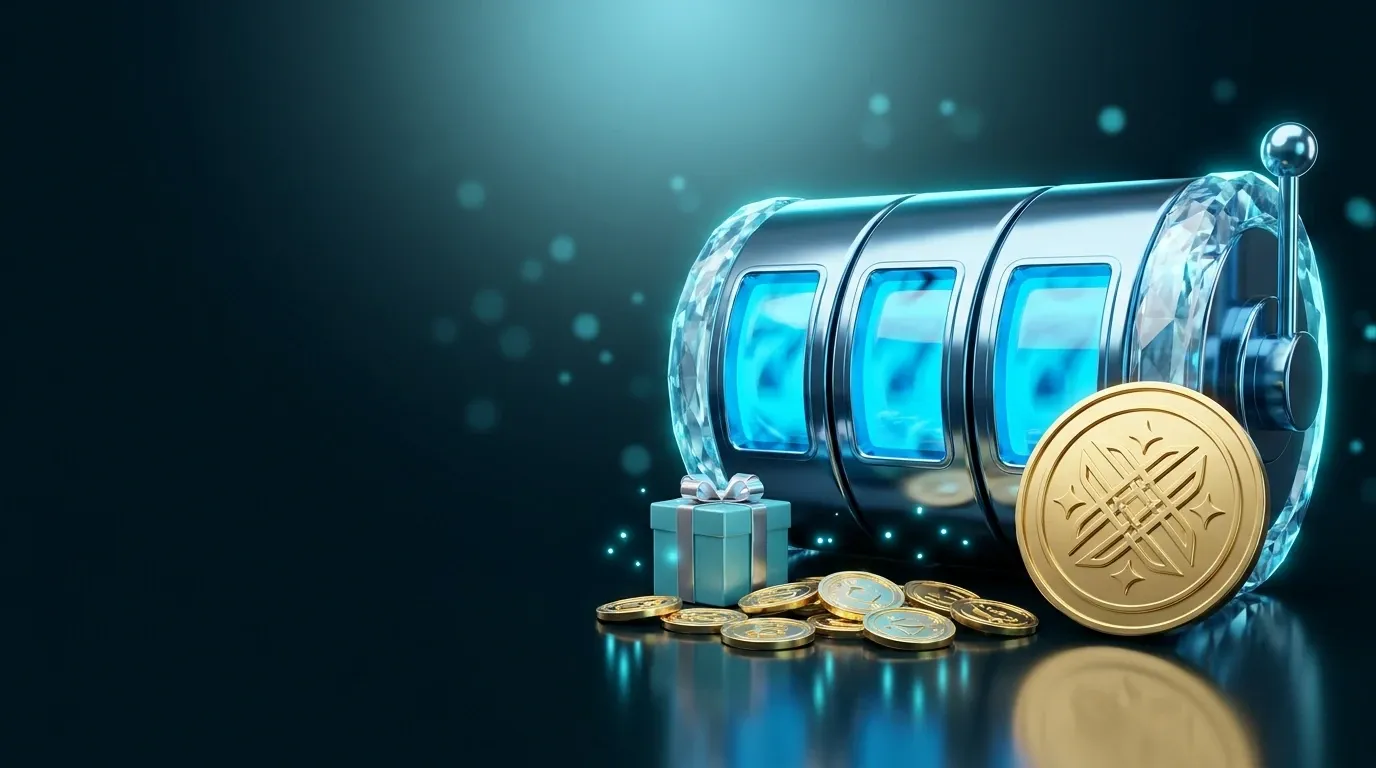 Winna free spins scene: a glass slot reel beside a gold medallion and a wrapped gift