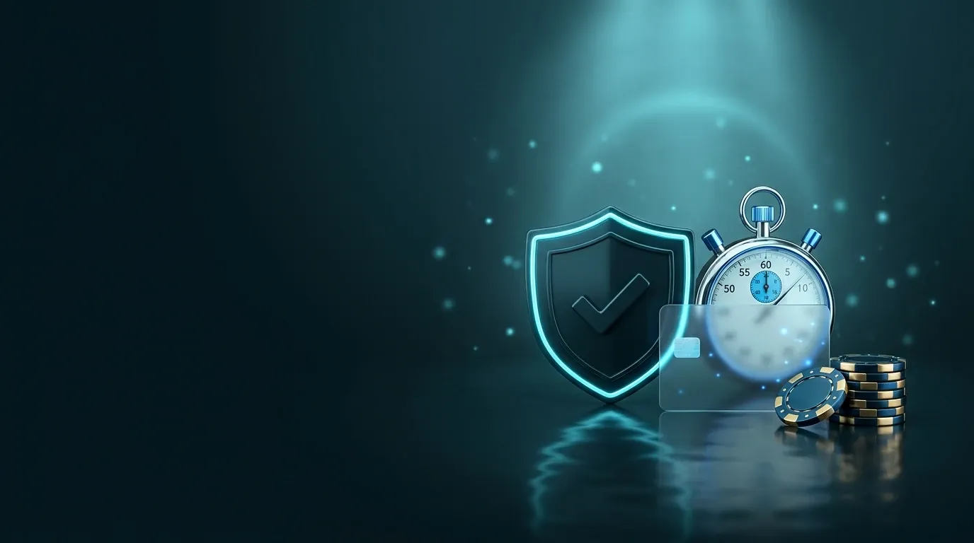 Trust scene: a frosted shield, a stopwatch and a glass card resting on ink-blue glass