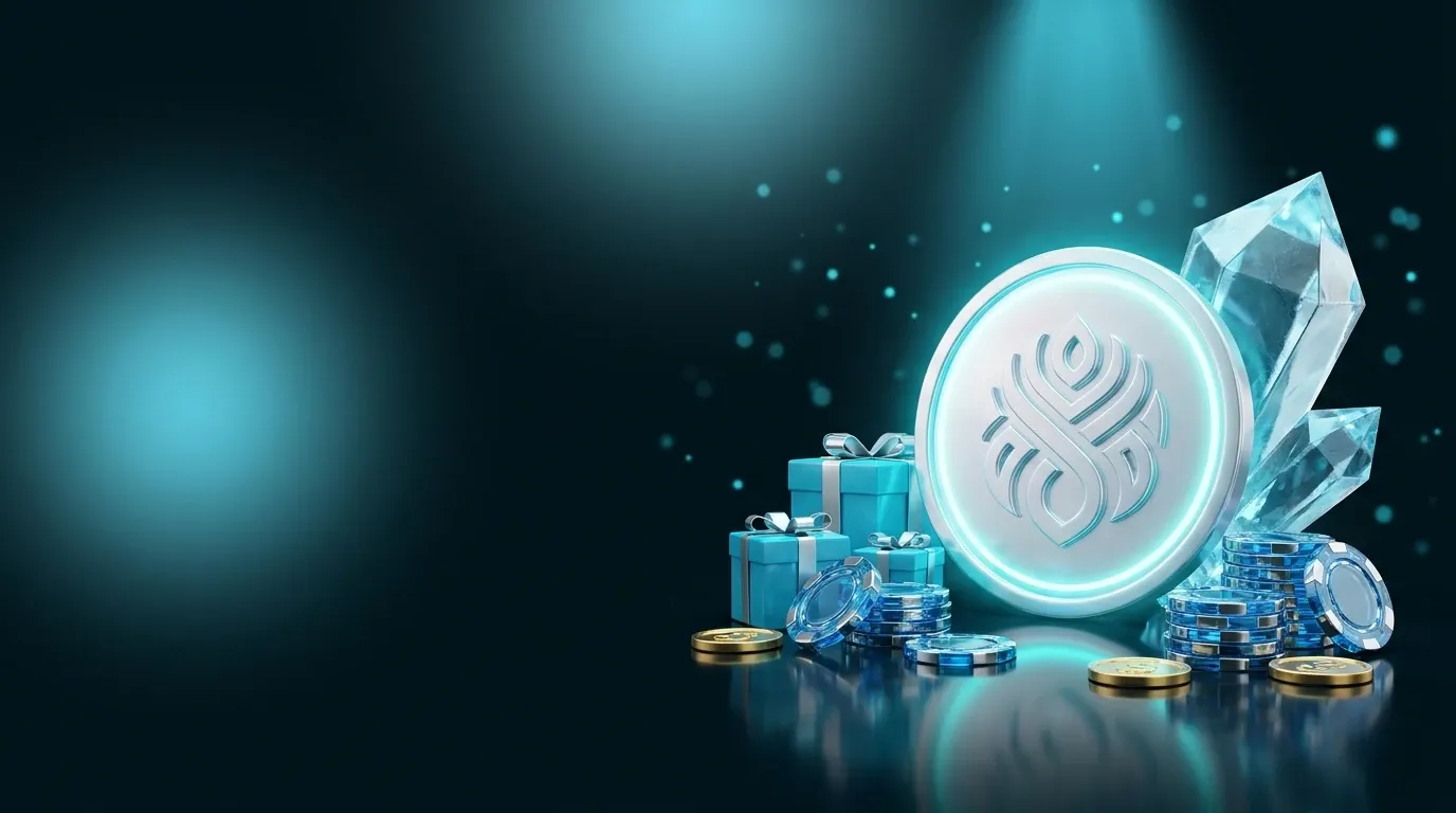 A platinum Winna medallion beside a blue crystal and wrapped gifts on ink