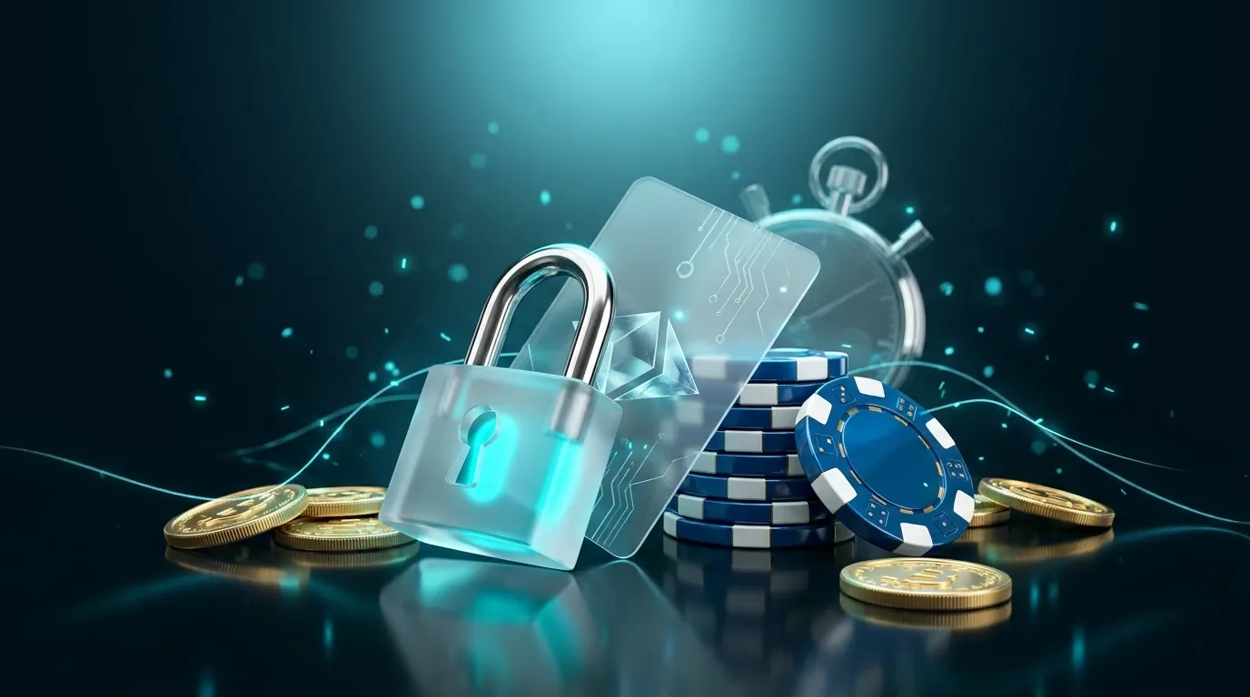Winna no deposit scene: a frosted padlock locked through a glass promo card, blue chips and gold coins