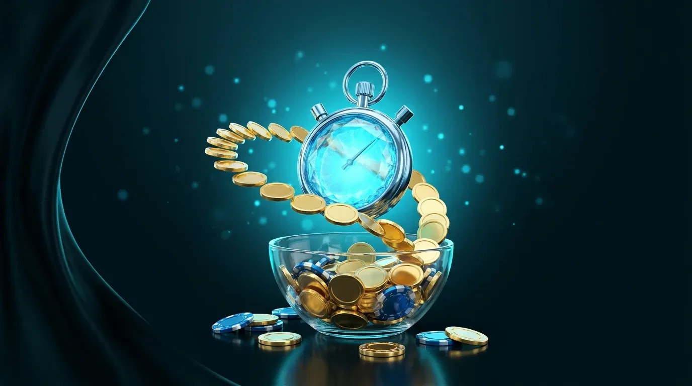 Winna rakeback scene: a stopwatch, coins and blue chips