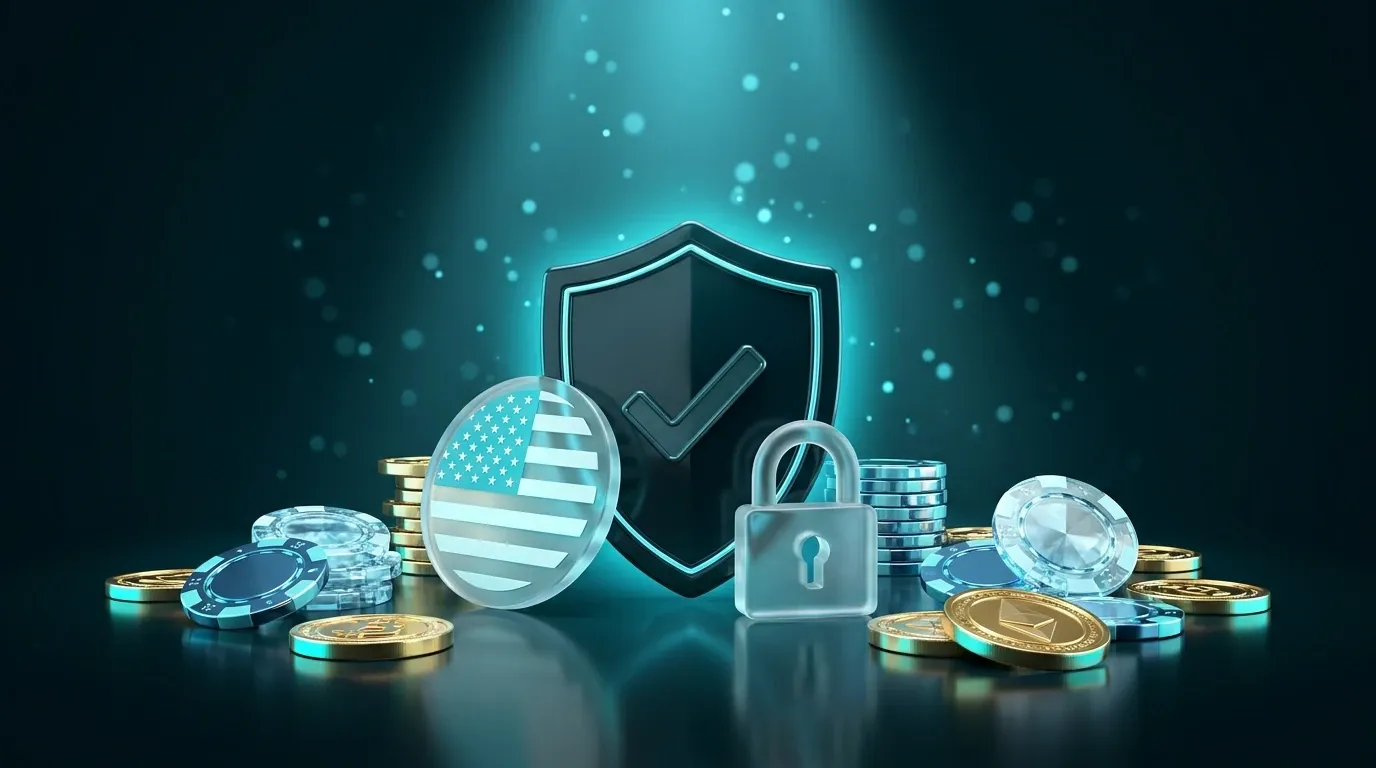 Winna US scene: a shield badge, a stars-and-stripes glass badge and a padlock on blue chips